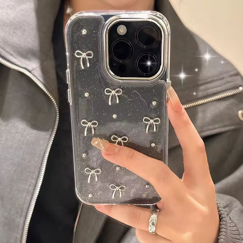 Transparent Glitter Silver Bow Case